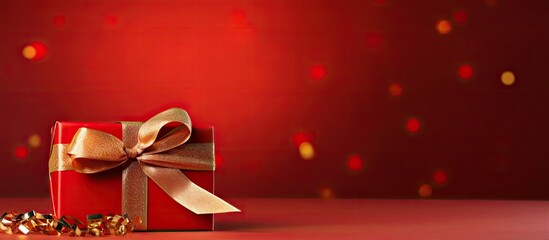 A close up copy space image of a beautifully decorated present with a ribbon perfectly isolated on a vibrant red background