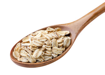 Oat flakes in a wooden spoon close-up on a white background.
