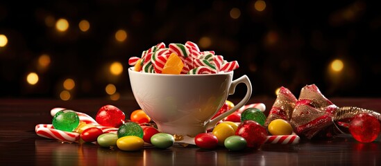 A cup filled with traditional Christmas candies provides a delightful and festive treat. with copy space image. Place for adding text or design