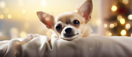 A comfortable Chihuahua dog lies on the bed with a festive touch in the background The copy space image depicts the joy of being home during Christmas