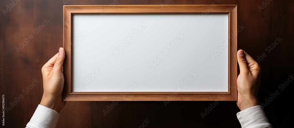 Poster A close up view of hands holding an empty wooden frame with space for a picture. with copy space image. Place for adding text or design
