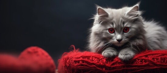 A cat with gray and black fur holds a red knitted heart creating a cozy Valentine s Day or postcard scene The background is textured providing copy space for love themed concepts