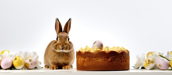 A festive Easter cake adorned with almonds and a ceramic bunny sits on a white background providing ample room for additional text or images This copy space image captures the cheerful spirit of the
