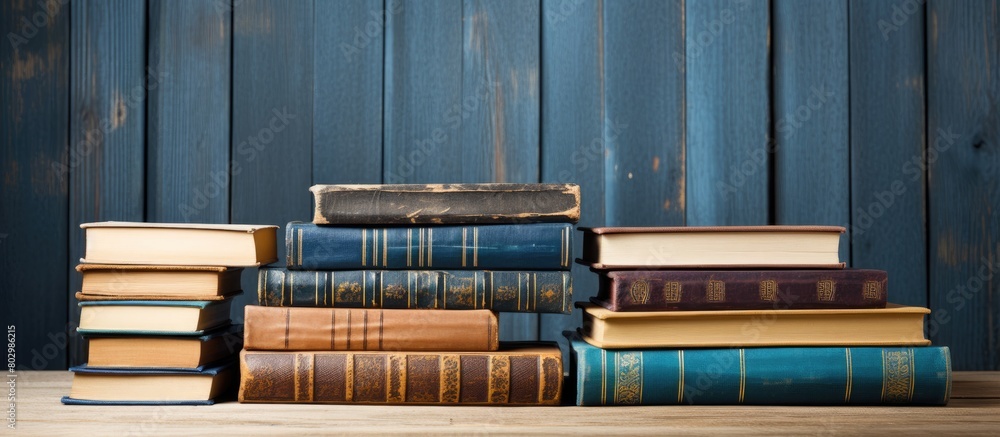 Poster a composition of vintage hardback books including a diary stacked neatly on a wooden table this imag
