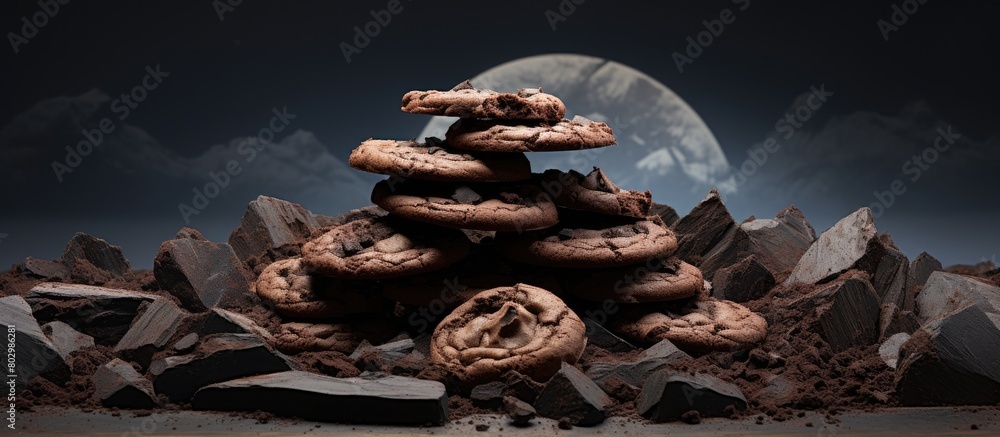 Fototapete a copyspace image of chocolate cookies made from pieces of chocolate sitting on a hill against a gra