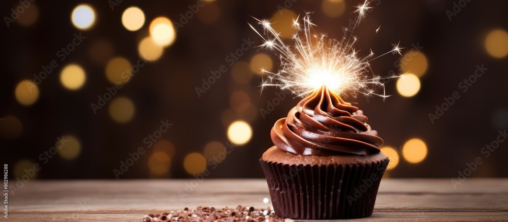 Poster a delicious chocolate cupcake is displayed on a wooden table adorned with a sparkling sparkler creat