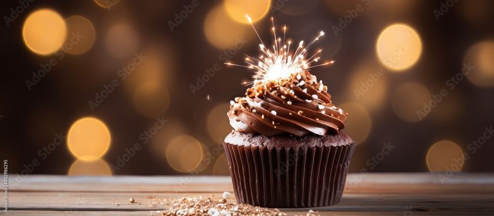 Poster a delicious chocolate cupcake is displayed on a wooden table adorned with a sparkling sparkler creat