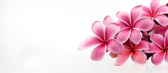 A copy space image featuring pink frangipani flowers on a white backdrop
