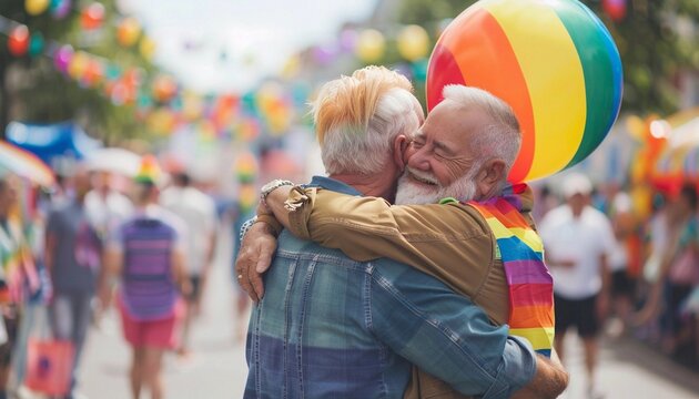two elderly men at a lively Pride festival, surrounded by balloons and festive decorations, symbolizing enduring love and support within the LGBTQ+ community
