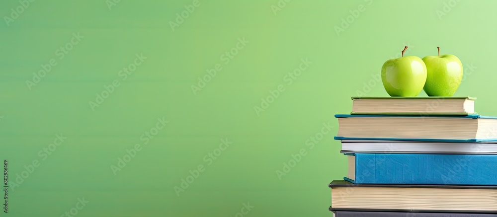 Poster A copy space image shows a vibrant stack of books complemented by a green apple all placed on a wooden table against a refreshing lime green backdrop This setup beautifully captures the essence of di
