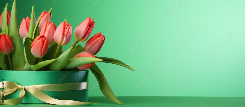 Poster a copy space image of a figure 8 with a gift box and stunning tulips on a vibrant green background c