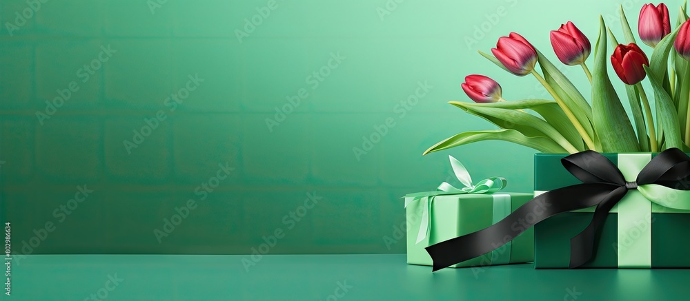 Poster a copy space image of a figure 8 with a gift box and stunning tulips on a vibrant green background c