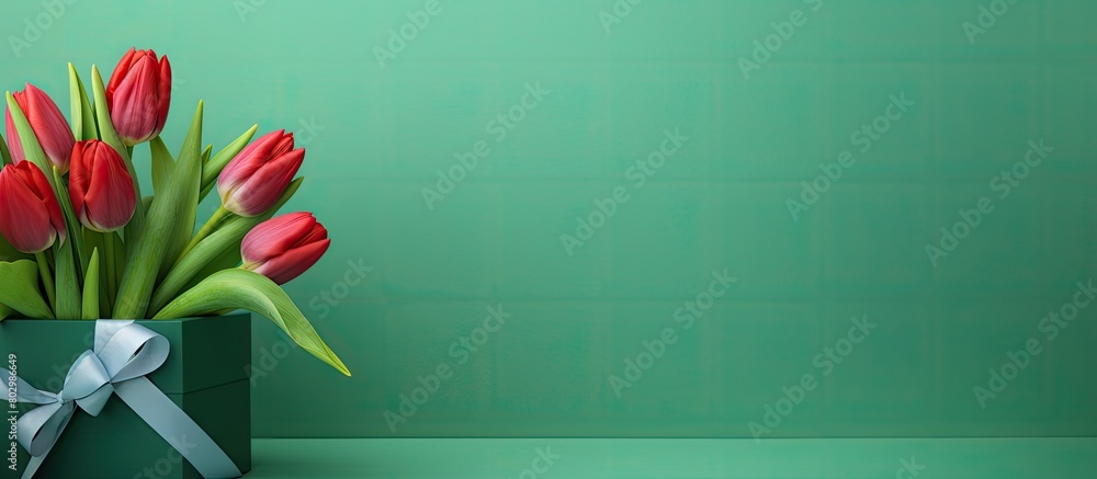 Poster a copy space image of a figure 8 with a gift box and stunning tulips on a vibrant green background c