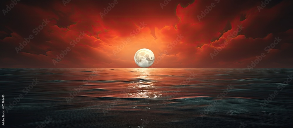 Poster a captivating image showcasing a serene seascape with a vibrant red sun and a dramatic cloudy sky le