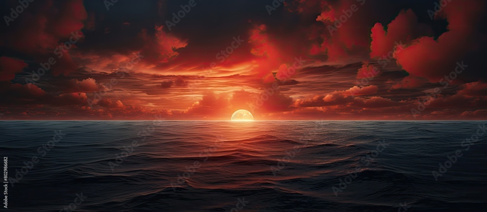 Poster a captivating image showcasing a serene seascape with a vibrant red sun and a dramatic cloudy sky le