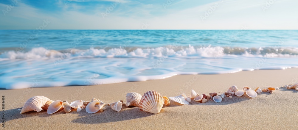 Poster a copy space image of shells scattered on a sandy beach with a captivating blue ocean wave in the ba