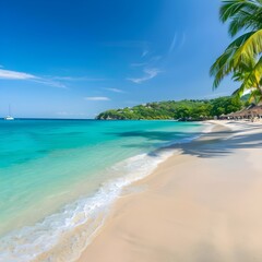 beach with coconut trees, Beautiful beach with palms and turquoise sea in jamaica island
