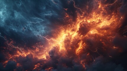 Fototapeta premium A fiery, colorful cloudscape with a blue and orange sky. The sky is filled with clouds and the colors are vibrant and intense
