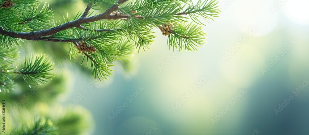 Poster a close up of pine branches against a natural backdrop with a copy space image of a sunny spring lan