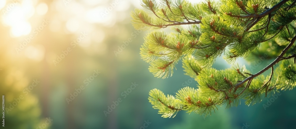 Poster a close up of pine branches against a natural backdrop with a copy space image of a sunny spring lan