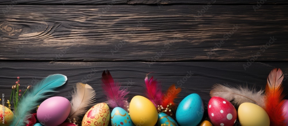 Aufkleber a festive easter arrangement with colorful painted eggs feathers and a wooden backdrop provides a pe