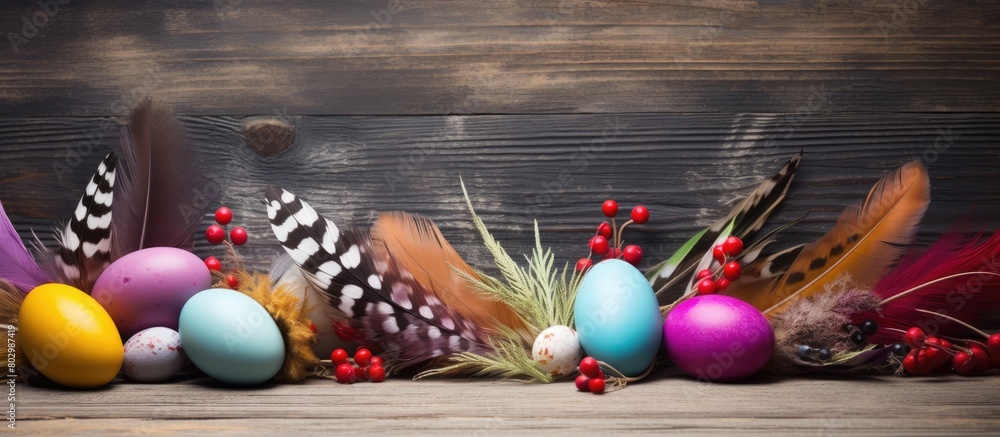 Poster a festive easter arrangement with colorful painted eggs feathers and a wooden backdrop provides a pe