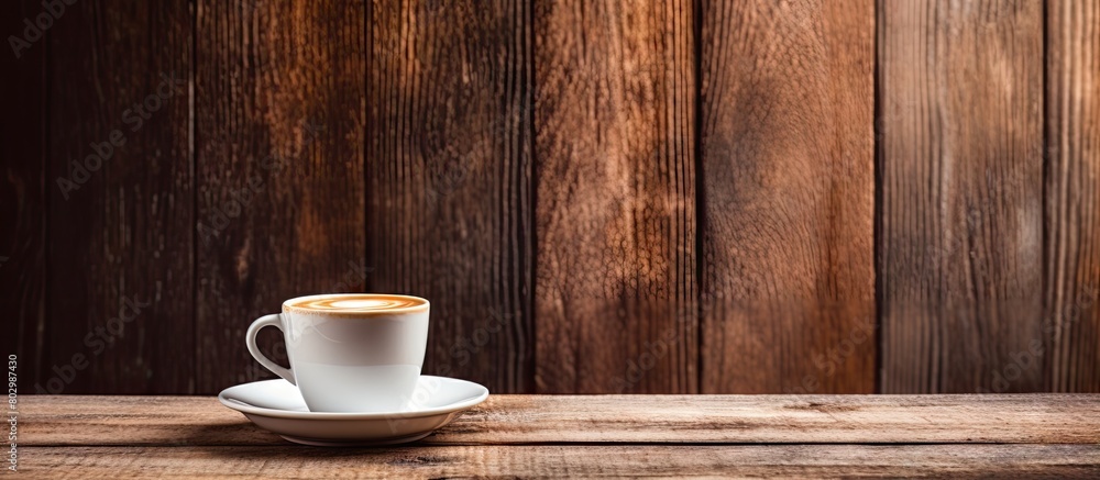 Poster a copy space image of a coffee cup resting on a rustic wooden table