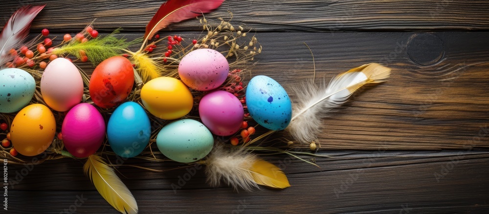 Poster a festive easter arrangement with colorful painted eggs feathers and a wooden backdrop provides a pe