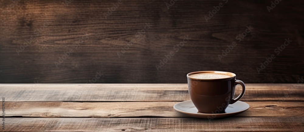 Poster a copy space image of a coffee cup resting on a rustic wooden table
