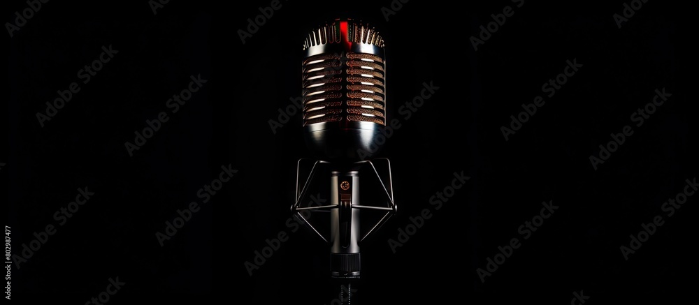 Poster A close up copy space image of a black isolated microphone on a white background