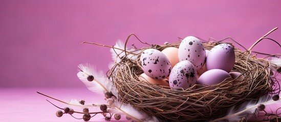 Obraz premium A copy space image of chicken and quail eggs arranged in a nest on a pink background perfect for Easter themed content and Happy Easter wishes