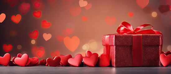 A colorful background with copy space showcases festive gift boxes red textile hearts and symbolizes the concept of St Valentine s Day - Powered by Adobe