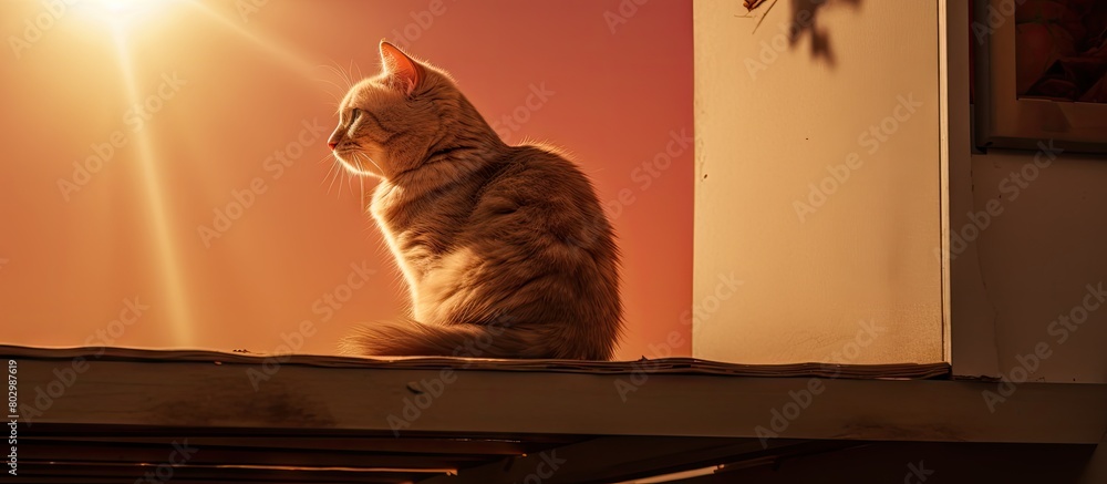 Poster a cat enjoys the warmth of the sun while perched on a hatch creating a copy space image