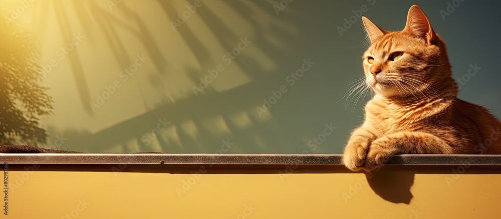 Poster a cat enjoys the warmth of the sun while perched on a hatch creating a copy space image