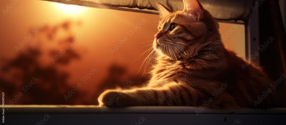 Poster a cat enjoys the warmth of the sun while perched on a hatch creating a copy space image