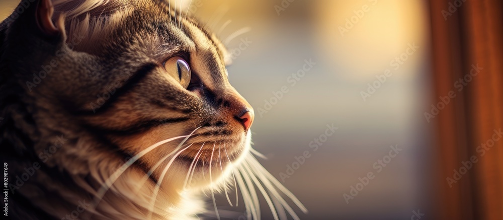 Poster A close up portrait of a beautiful tabby cat with lovingly cared for fur making it the perfect pet companion Copy space image