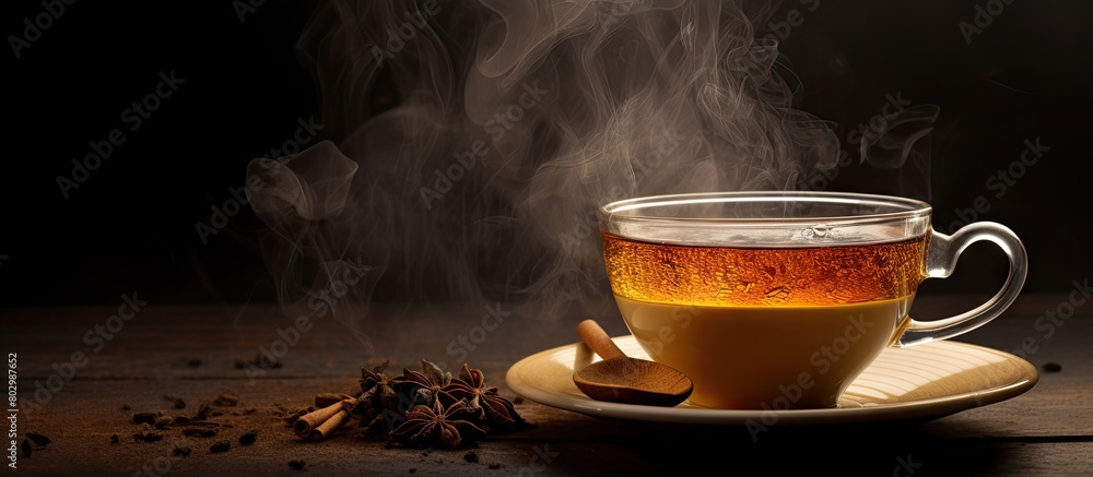 Poster a cup of steamy fragrant tea with a dollop of honey on a textured background for copy space image