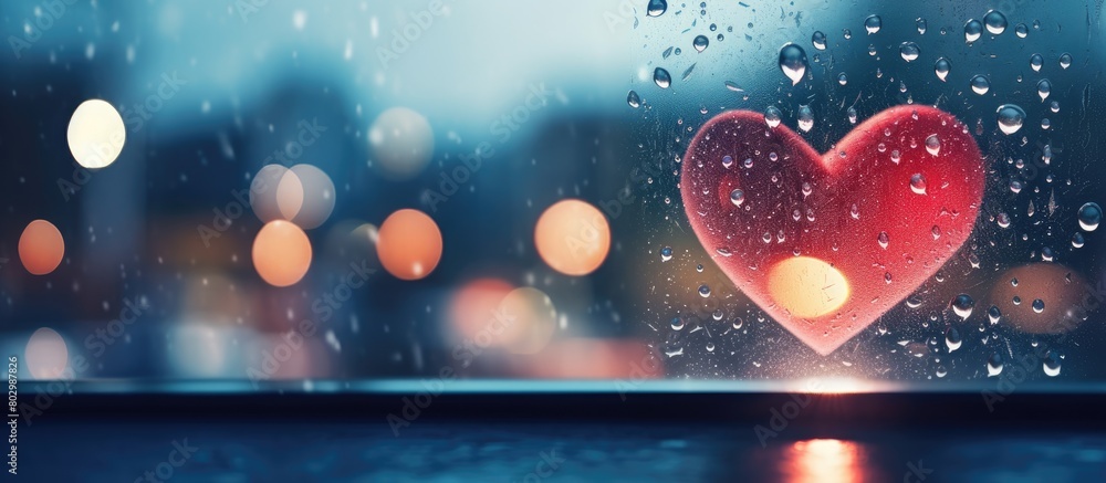 Poster a copy space image featuring raindrop drenched window with bokeh lights forming a heart symbol using