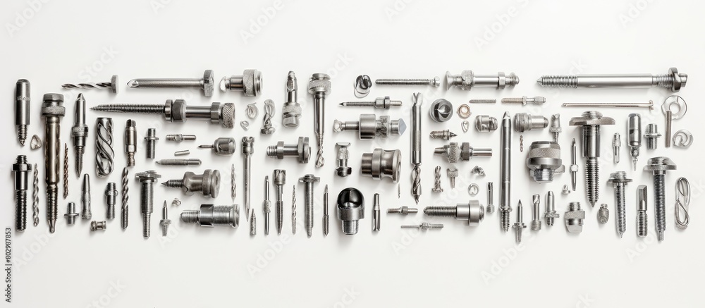 Poster A copy space image featuring a collection of metallic objects including screws nails metal shavings and screwdriver bits on a white background