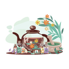 Composition of bottles with medicinal herbs, aromatic oils, herbal tinctures and vitamin tea. Herbal medicine. Alternative medicine. Vector illustration for advertising, flyers and social networks.