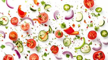 Flying Freshness: Chopped Vegetables for Leczo on White Background