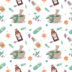 Seamless background of bottles and capsules with medicinal herbs, aromatic oils, herbal tinctures. Herbal medicine. Alternative medicine. Vector illustration for advertising, flyers and social network