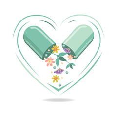 Green capsule with medicinal herbs in flat style. Herbal medicine image. Alternative medicine. Healthy lifestyle. Vector illustration for advertising, flyers and social networks.