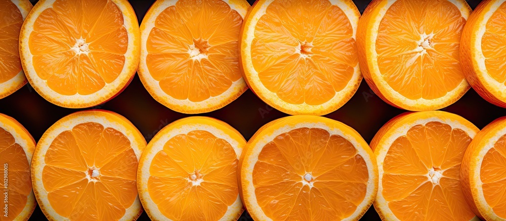 Poster a close up view of freshly sliced oranges with a juicy and appetizing texture it is captured from a 