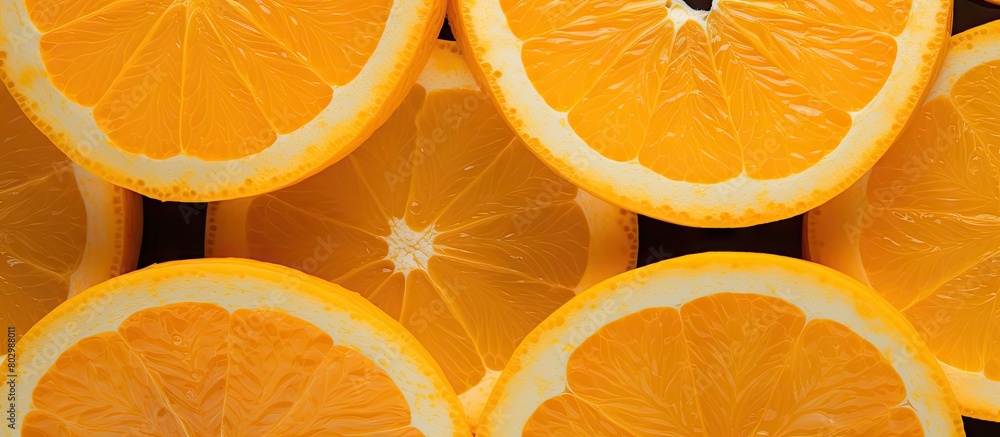 Poster a close up view of freshly sliced oranges with a juicy and appetizing texture it is captured from a 