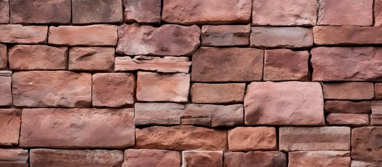 Fototapeta premium A close up view of a pink stone wall creating a brown stone wall texture The texture resembles a copy space image of a red brick wall on a building