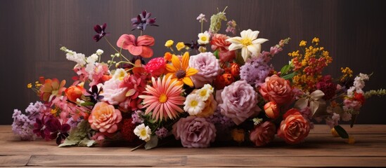 A bouquet of mixed flowers displayed on a wooden backdrop with ample copy space for an image