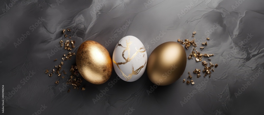 Fototapete a collection of three easter eggs in golden silver and bronze hues beautifully adorned is displayed 