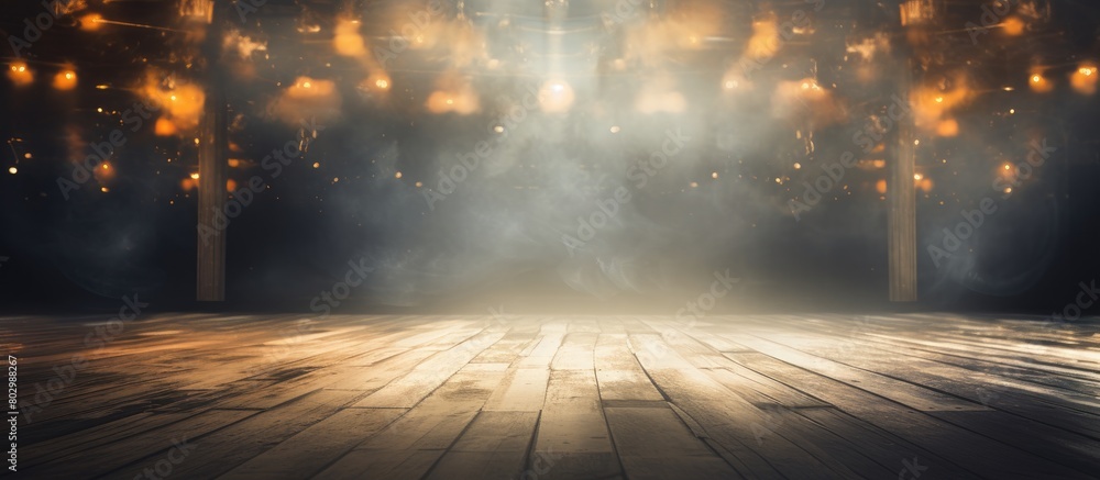 Aufkleber A copy space image of an empty show scene features lanterns a concrete floor and a captivating abstract background filled with bokeh lights and rays