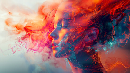 Abstract Colorful Smoke and Woman's Profile. Vibrant, abstract representation of a woman's profile surrounded by swirling, colorful smoke in red and blue hues.